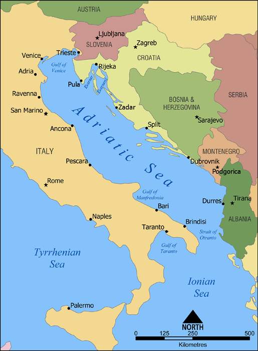 Adriatic Sea: Body of water between the Italian Peninsula and the Balkan Peninsula