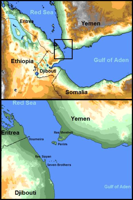 Bab-el-Mandeb: Strait between Yemen on the Arabian Peninsula and Djibouti in the Horn of Africa