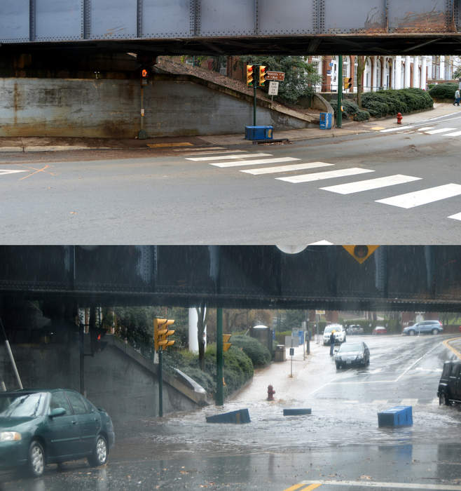 Flash flood: Rapid flooding of geomorphic low-lying areas