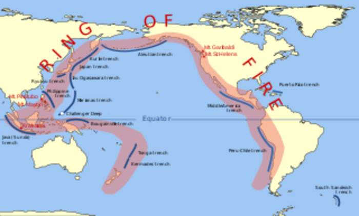 Ring of Fire: Region around the rim of the Pacific Ocean where many volcanic eruptions and earthquakes occur