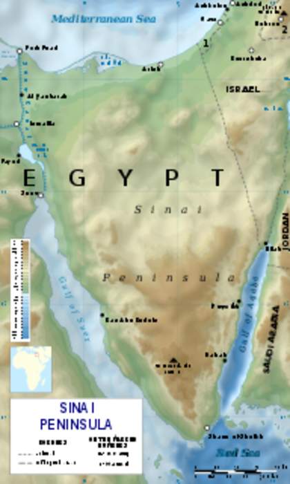 Sinai Peninsula: Peninsula in Egypt between the Mediterranean Sea and the Red Sea