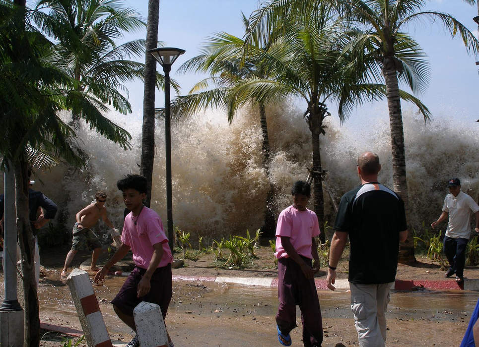 Tsunami: Series of water waves caused by the displacement of a large volume of a body of water