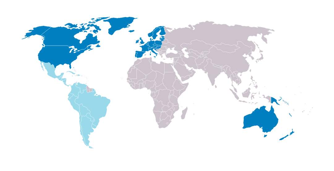 Western world: Countries with an originally European shared culture